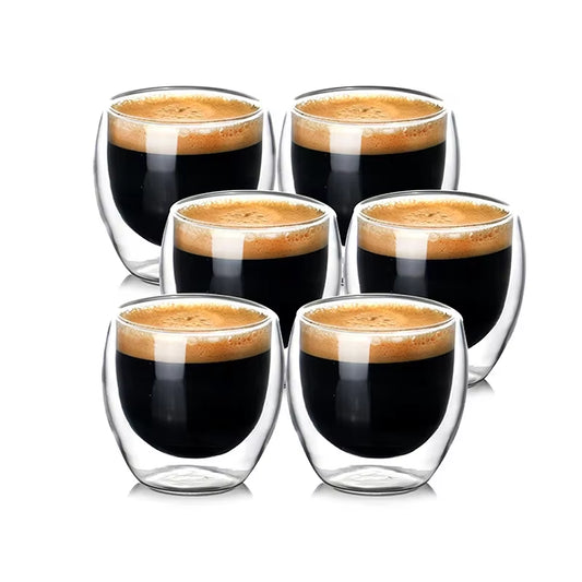 2.7 Oz Double Wall Glass Coffee Mugs Set of 6,Glass Coffee Espresso Cups,Clear Glass Coffee Mugs,For Latte,Tea,Milk,Cappuccino