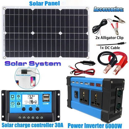 6000W Solar Inverter Kit Complete Power Generation 600W Solar Panel 110V/220V System 12V Solar Panel Battery Charging Controller