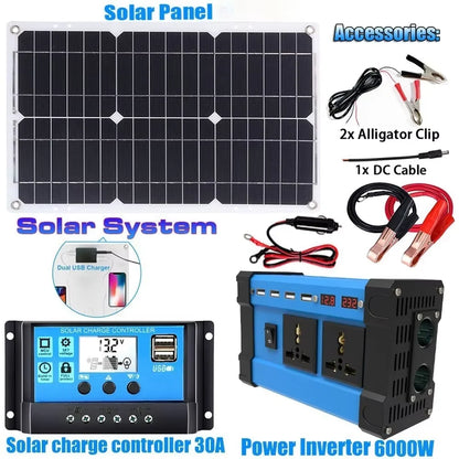 6000W Solar Inverter Kit Complete Power Generation 600W Solar Panel 110V/220V System 12V Solar Panel Battery Charging Controller